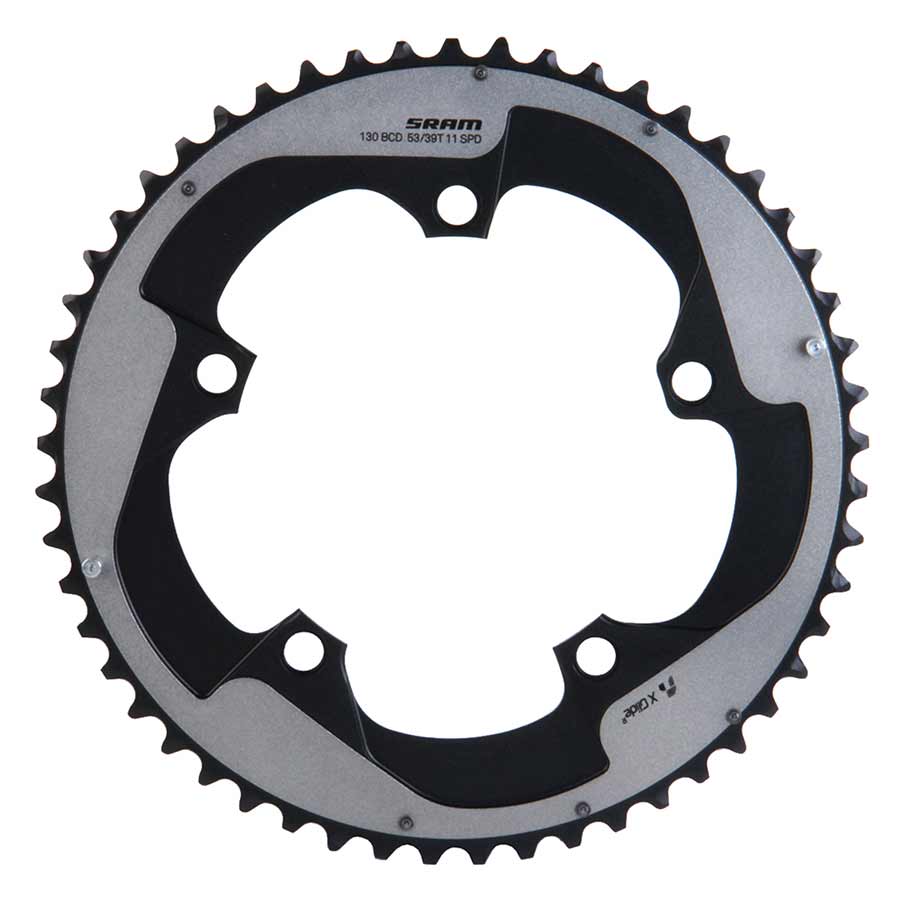 53D, 11sp, BCD: 130mm, 5 Bolts, Red22 X-Glide, Outer Chainring, For 39/53, Aluminum, Grey, 11.6218.009.000